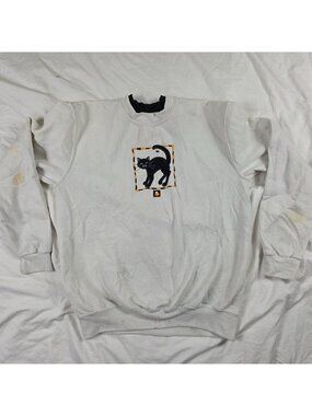 Top Stitch Womens Medium White Black Cat Graphic Pullover Sweatshirt Halloween